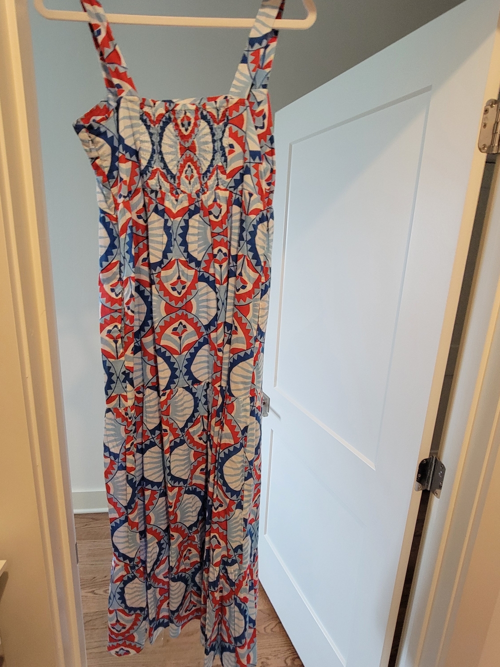Almost New!! Authentic Oliphant Designer. Blue & Red Geometric Maxi Dress. - Picture 4 of 9